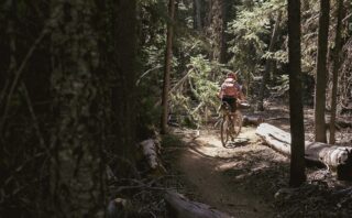 Woman riding a bikepacking mountain bike on a forest trail.